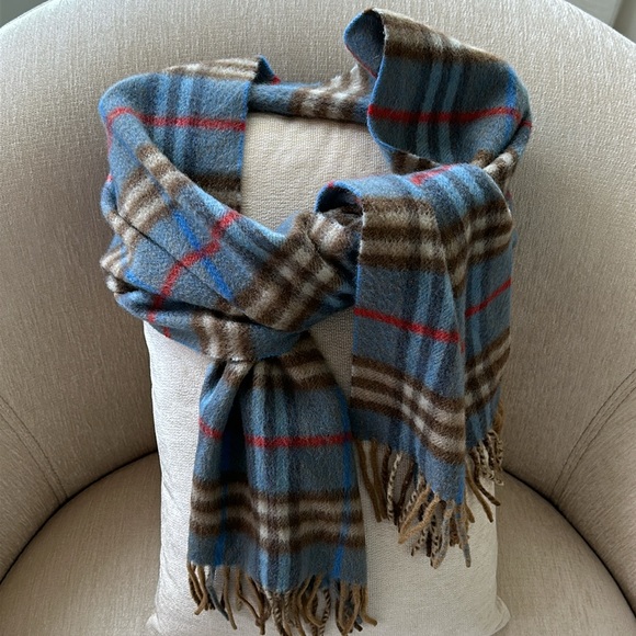 BURBERRY VINTAGE 100% CASHMERE SCARF BLUE, BEIGE, BROWN AND RED WITH FRINGE - Picture 1 of 8